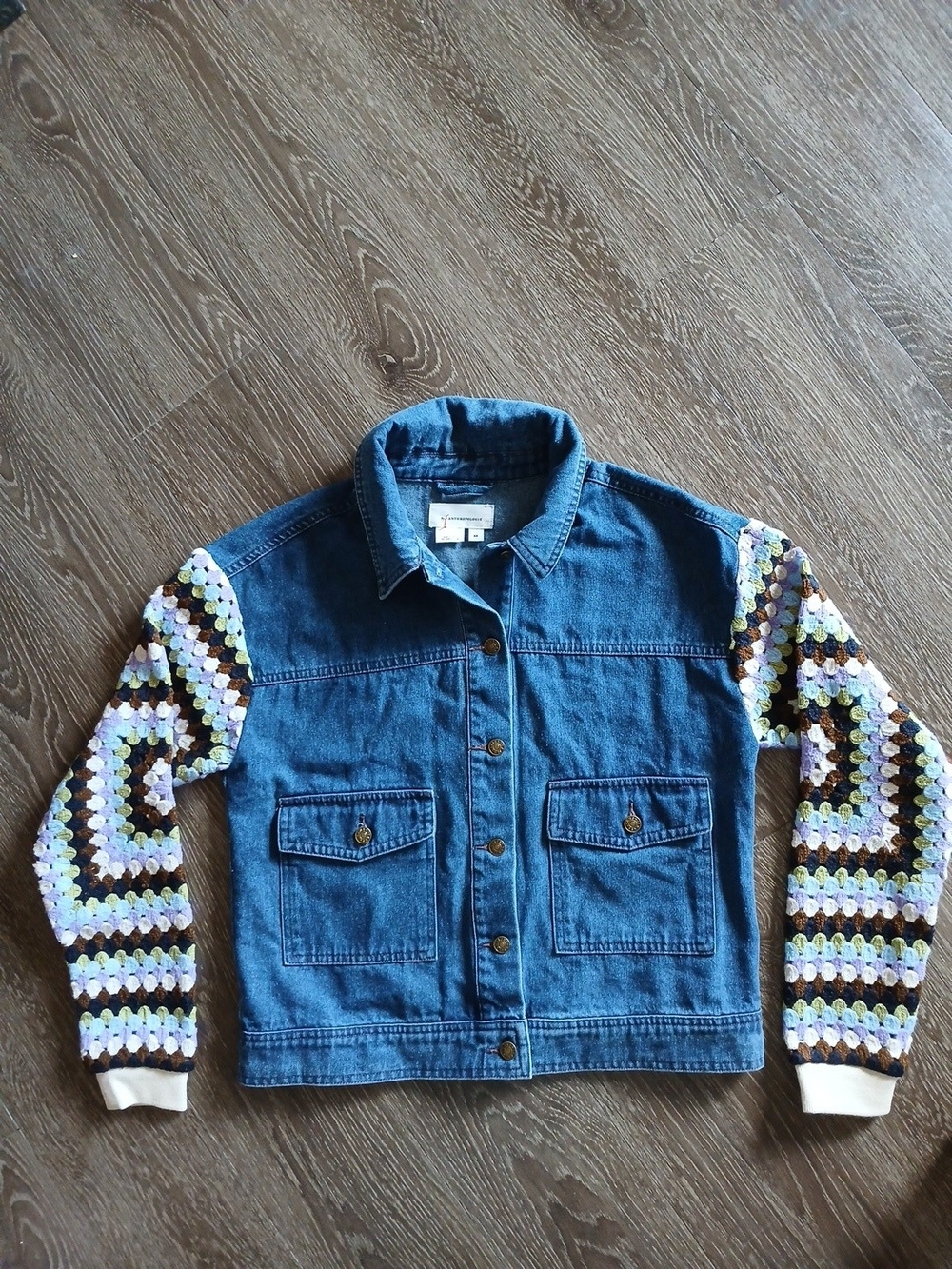 Anthropologie Blue Denim Jacket with Multicolor Crochet Sleeves